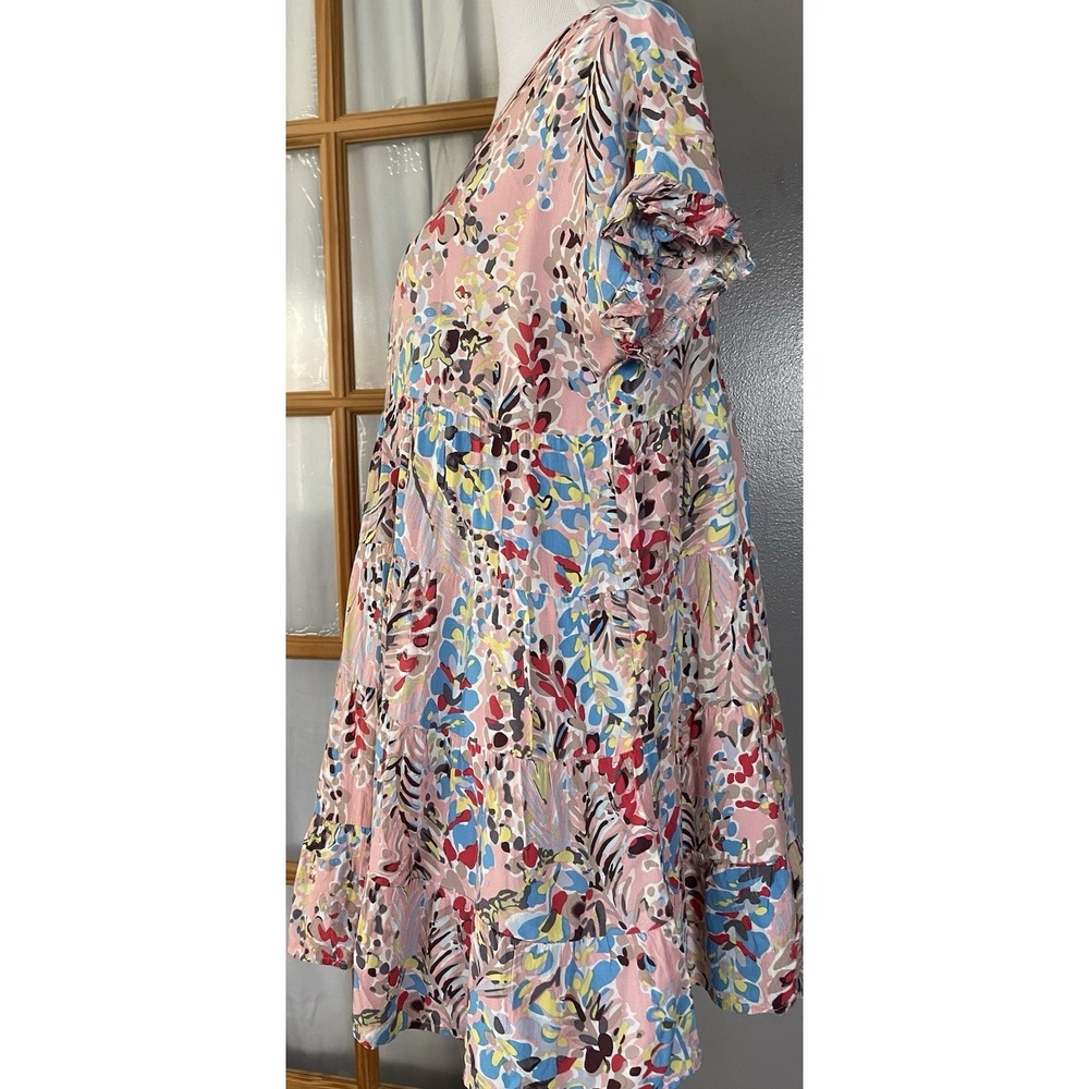 OTT Tiered Floral Babydoll Mini Dress Sz M Pink Ruffles Peasant Boho Beach - Picture 2 of 11